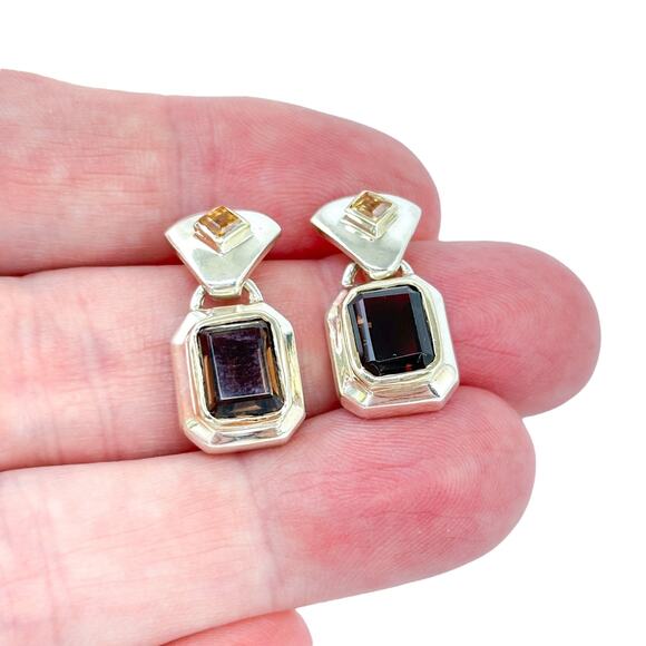 Vintage Sterling Silver 925 Smoky Quartz Citrine Hinge Dangle Earrings - Picture 1 of 8